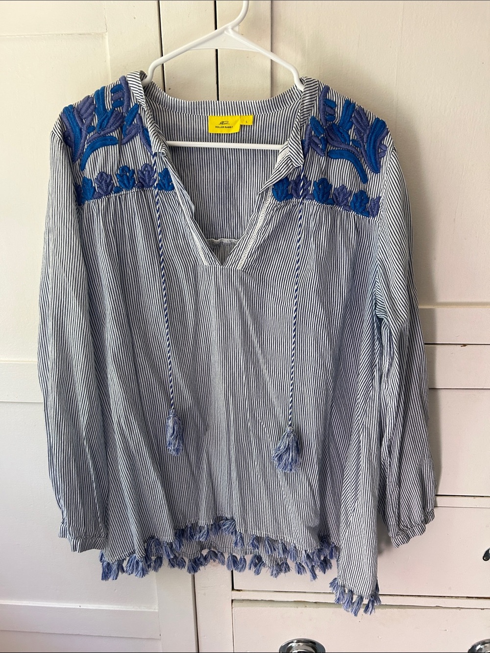 Striped Blue Embroidered Peasant Top - Blue